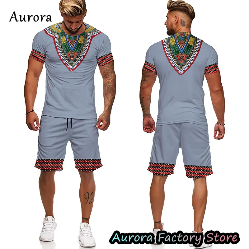Men s summer african dashiki tracksuit vintage ethnic printing t shirt shorts set oversized outfit outdoor