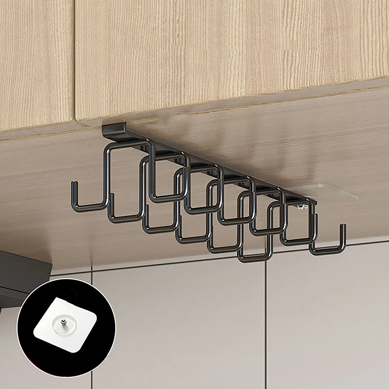 Kitchen Cupboard Under Shelf Punch-free Double-row Hooks Mug Cup Hanger Hook Iron Hanging Rack Holder Kitchen Cabinet Organizer