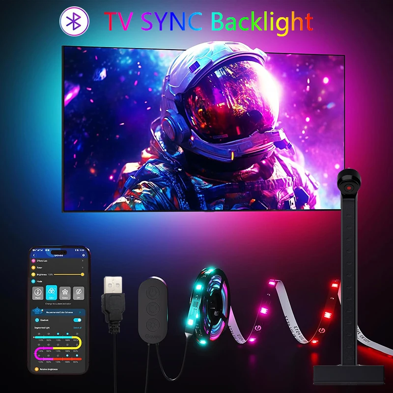 TV SYNC Backlight LED Strip Light USB Flexible Ribbon Diode Tape RGBIC Color Capture Sensor Bluetooth APP Remote Control