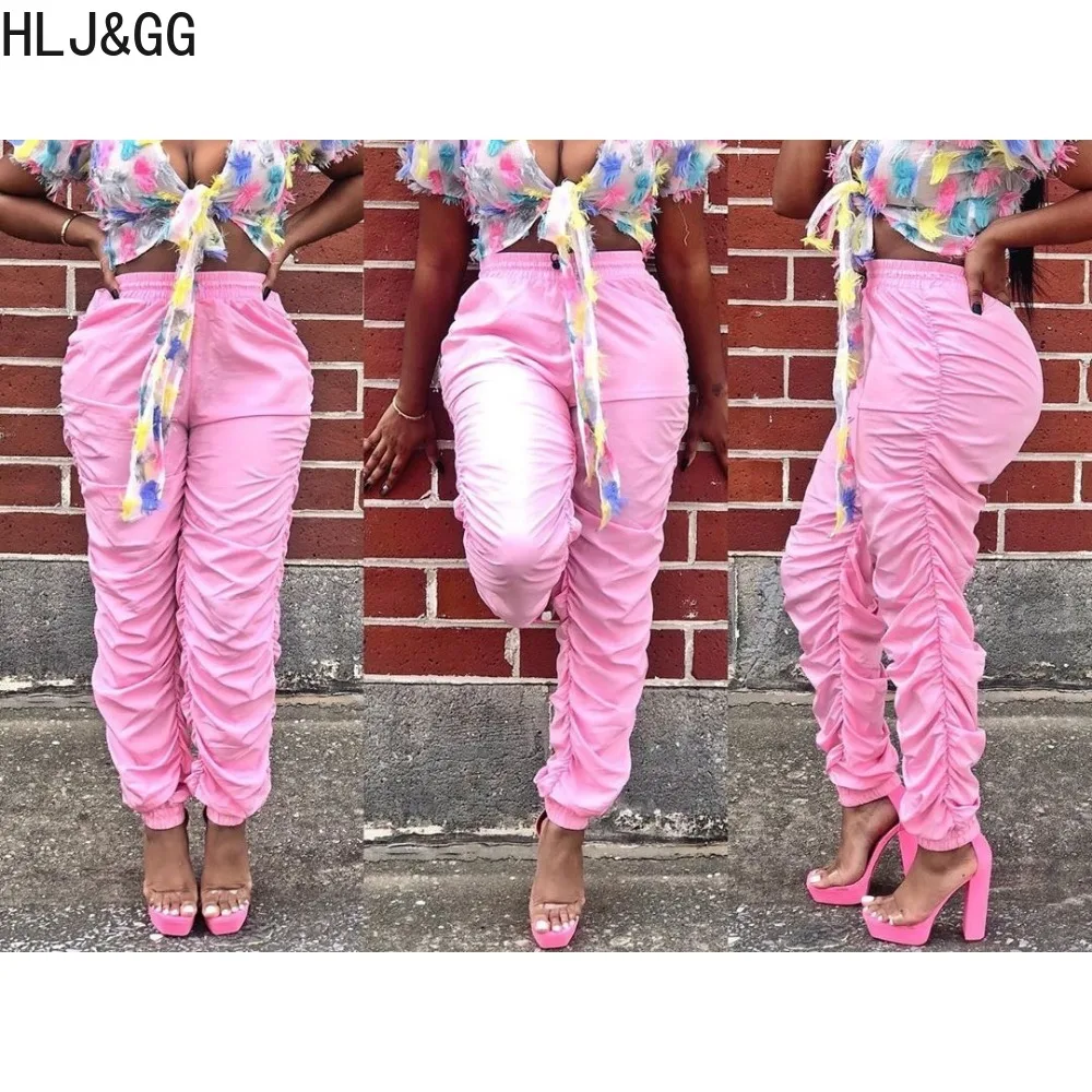 HLJ&GG Casual Female Ruched Design Jogger Pants Women High Waisted Sporty Bottoms Autumn Winter Solid Color Matching Trousers