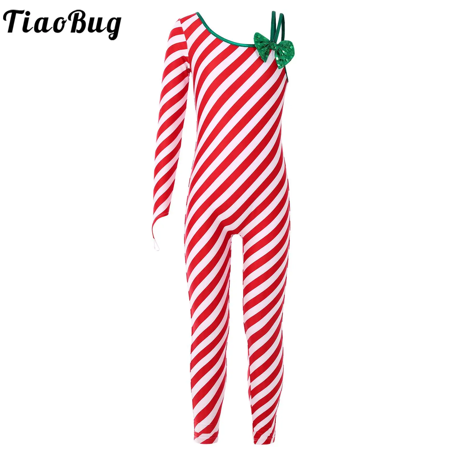 

Girls Novelty Candy Cane Striped Christmas Costume Sequins Unitard Jumpsuit Xmas Mrs Claus Bodysuit Gymnastic Ballet Dancewear