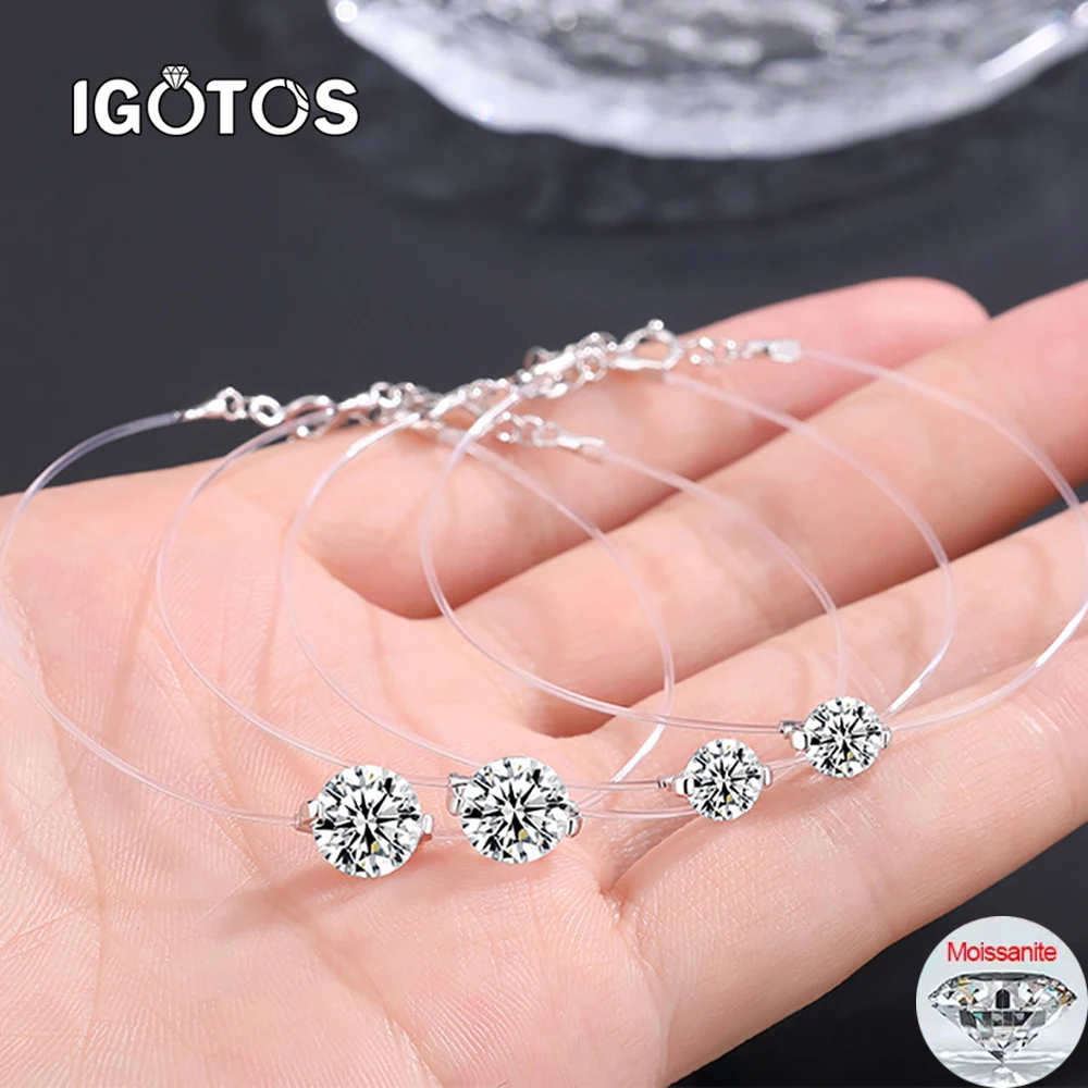 IGOTOS 6/8/9mm Moissanite 팔찌 여성을위한 투명 낚시 라인 다이아몬드 핸드 체인 S 인증 보석