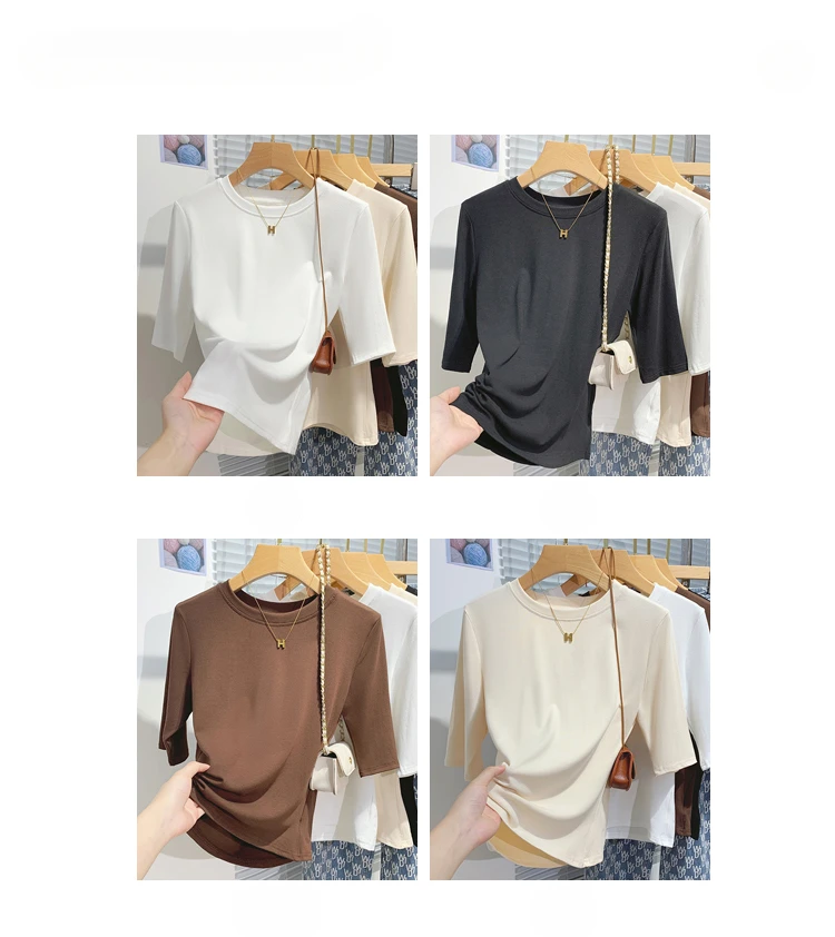 Cotton Womens Crew Neck T-Shirt - Summer Short Sleeve Basic Top