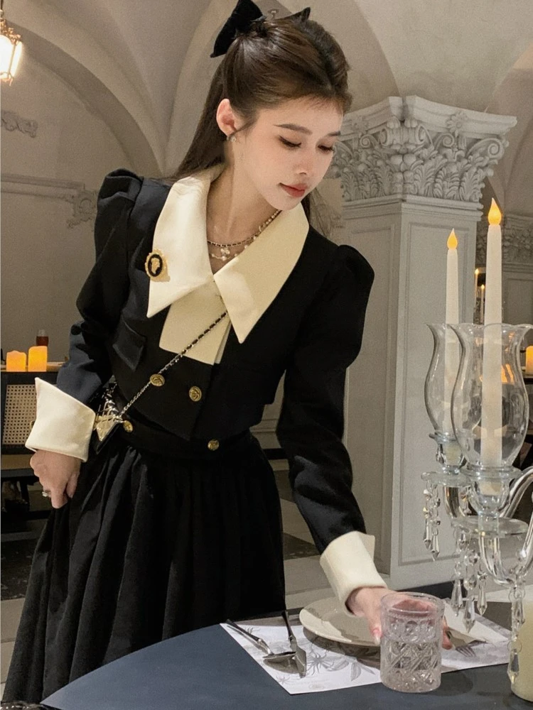 Spring New Elegant Piece Sets Womens Vintage Black Blazer