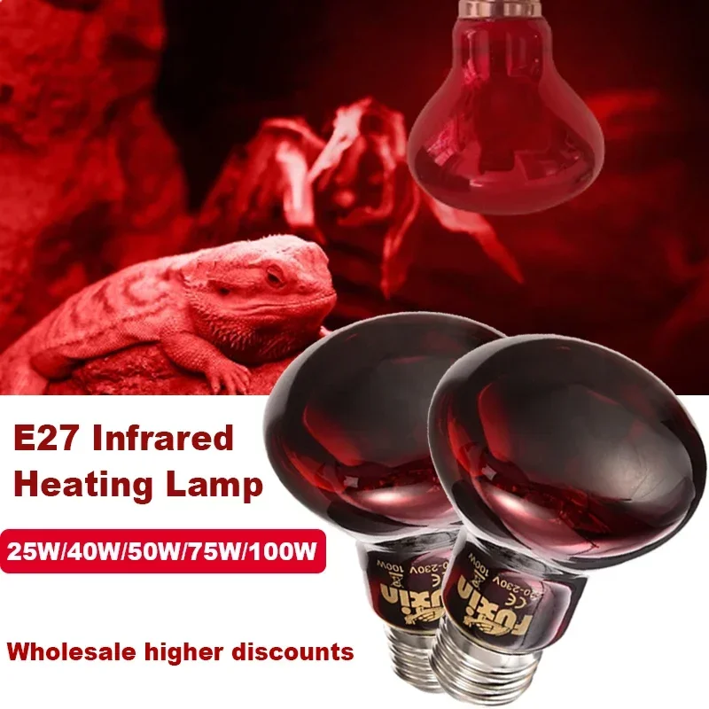 25W 50W 75W 100W UVA Infrared Heating Lamp for Reptiles Amphibians and Snakes AC220-240V E27 Bulb Red Heat Lamp for Pets