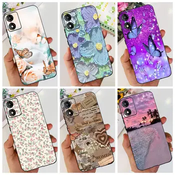For Back Cover Moto E13 6.5" Phone Case Flowers Couple Heart Painting Flower Coques For Motorola Moto E13 E 13 Soft Black Etui
