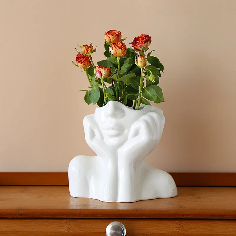 

Ceramic Vase Nordic Style Chin Resting Women Shaped Modern Flower Hydroponics Pot Ornament Desktop Garden Home/Office Decoration