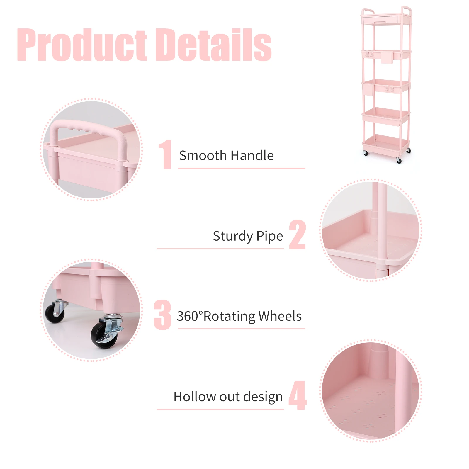 5 Tier Rolling Utility Cart with Drawer,With Drawer & Extended Poles,With Plastic Shelf & Lockable Wheels,Smooth Mobility