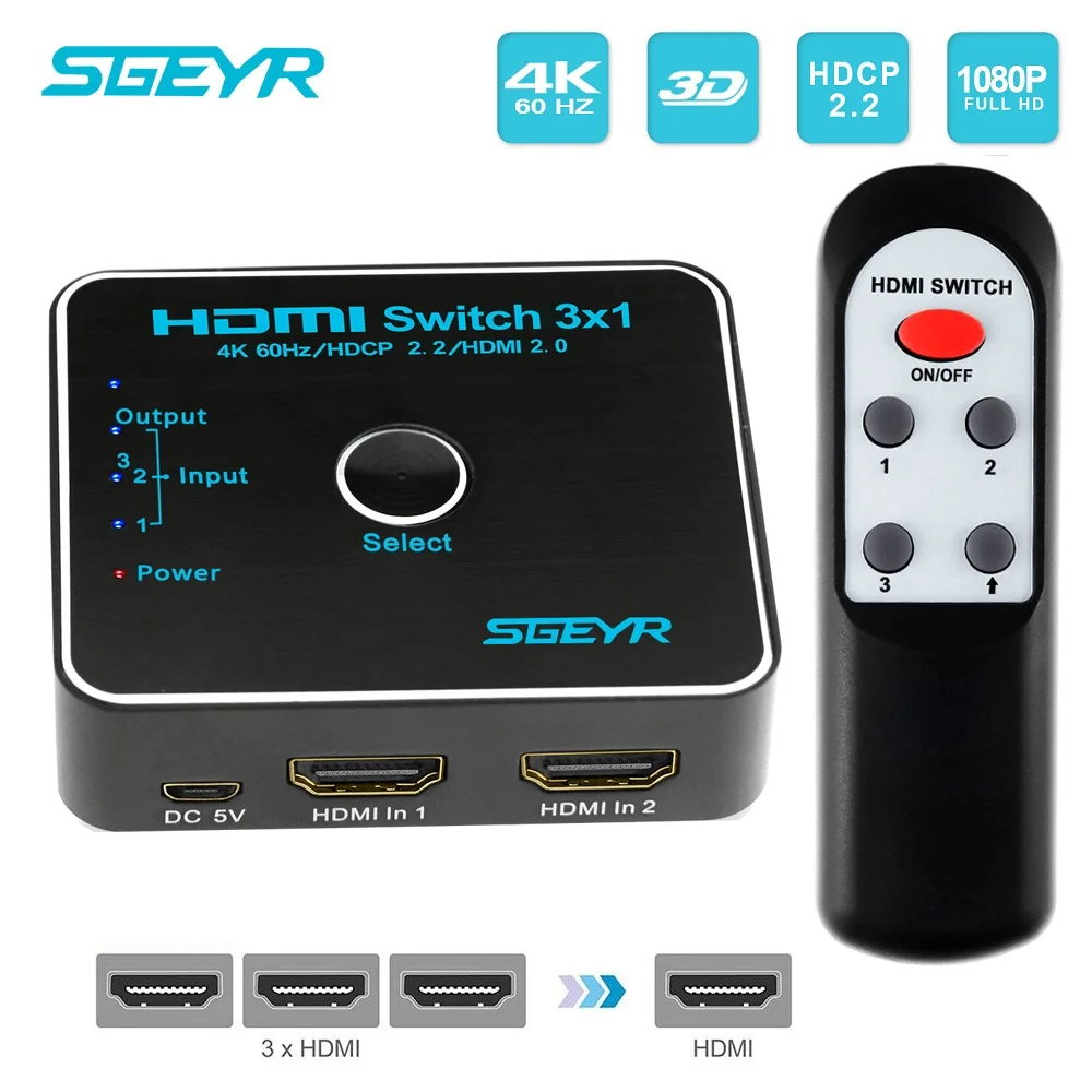 

3 Port HDMI 2.0 Switch 3x1 HDMI-Compatible Switcher SGEYR 4K Ultra HD 4K/60Hz HDR HDCP 2.2 with IR Remote Switches