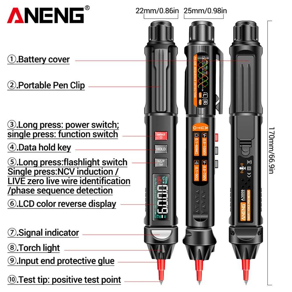 ANENG A3009 NCV Multimeter Pen Intelligent Voice Broadcast Digital Tester 6000 Counts DC AC Voltage Sensor Pen Tester Meter Tool digital multimeter multimeter tester voltage meter tester voltage detector tester