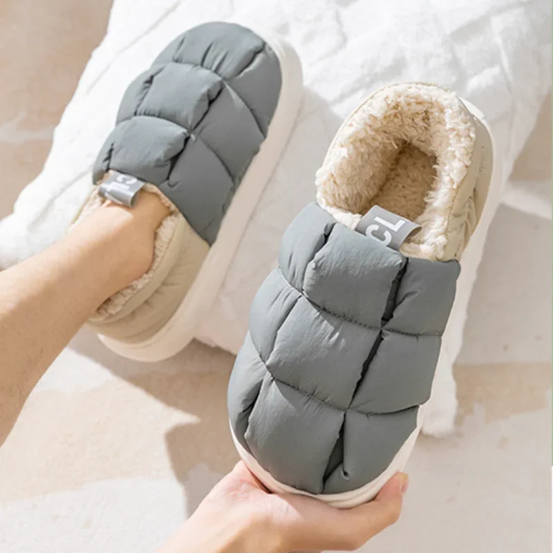 Down Cotton Shoes for Women Winter Thicken Plush Waterproof Slip on Platform Outside Wear Light Soft Sole Warm Lovers Slippers