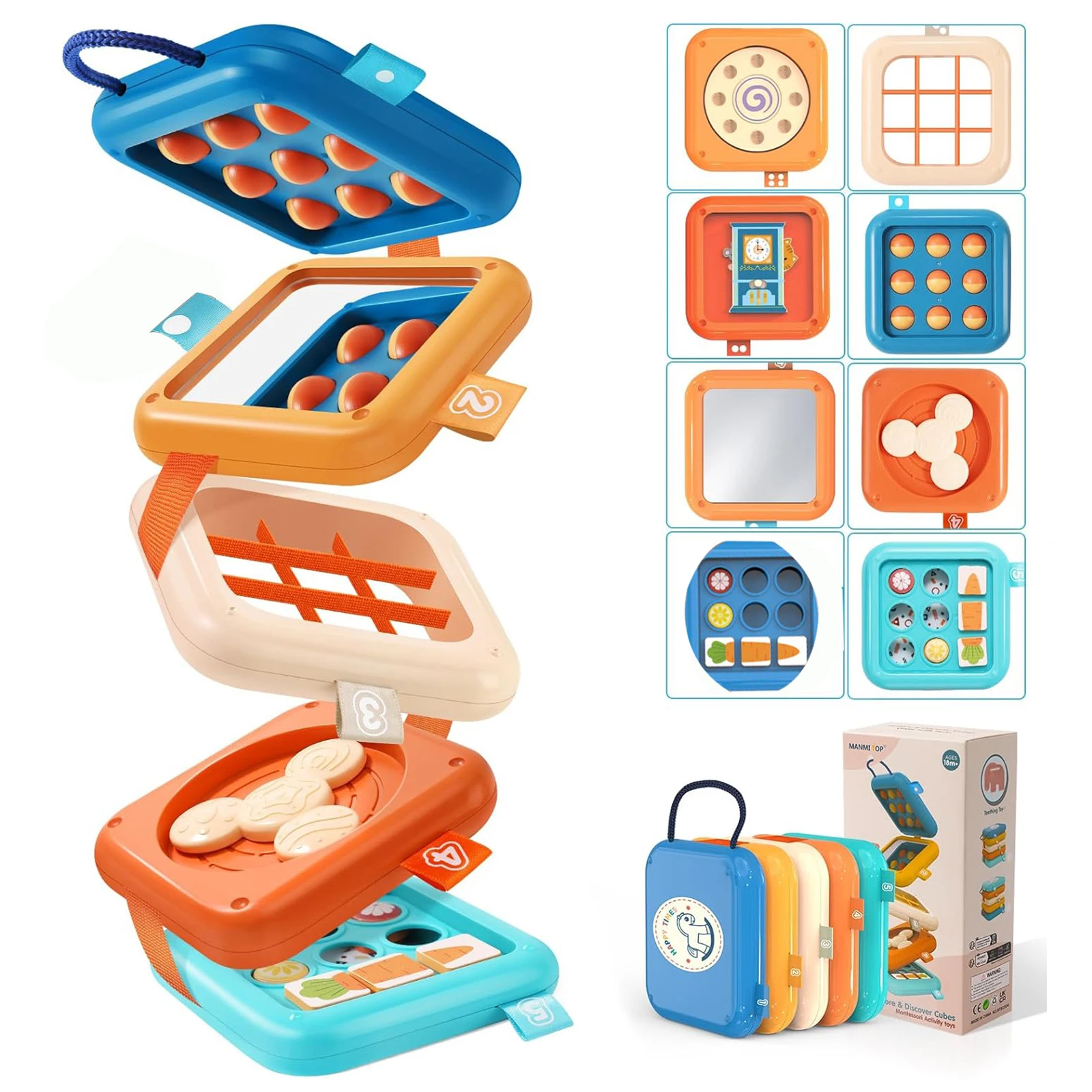 Montessori Busy Board Baby Activity Cube & Stacking Tower for Toddlers 1-3 Years Old Portable Travel Toy Detachable 6-in-1
