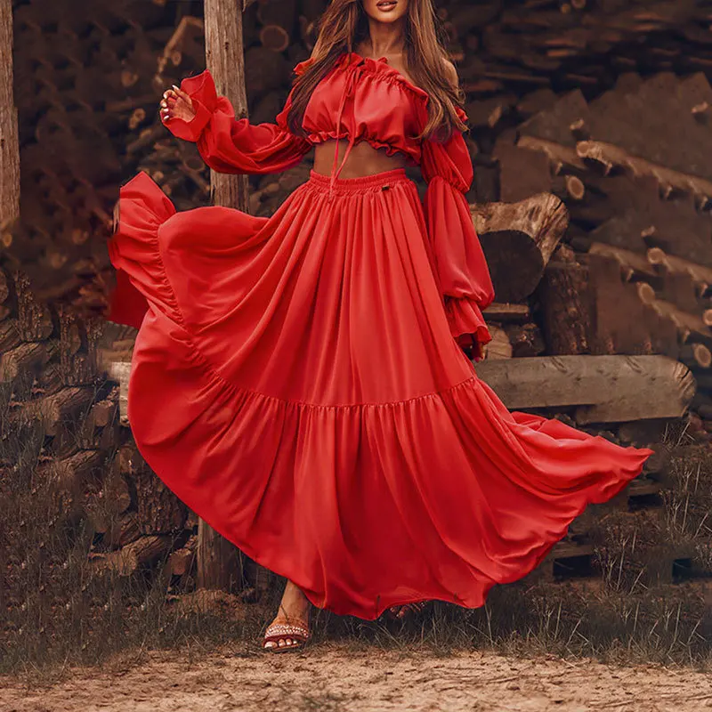 Women's Tube Top Long Sleeve Waist Skirt Two Piece Set