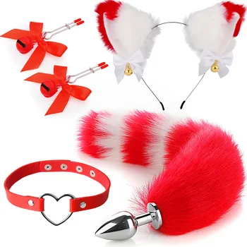 Fox Tail Anal Plug Cat Ears Headbands Set Adult Games Nipple Clip Neck Collar Erotic Cosplay Sex Toys For Women 6