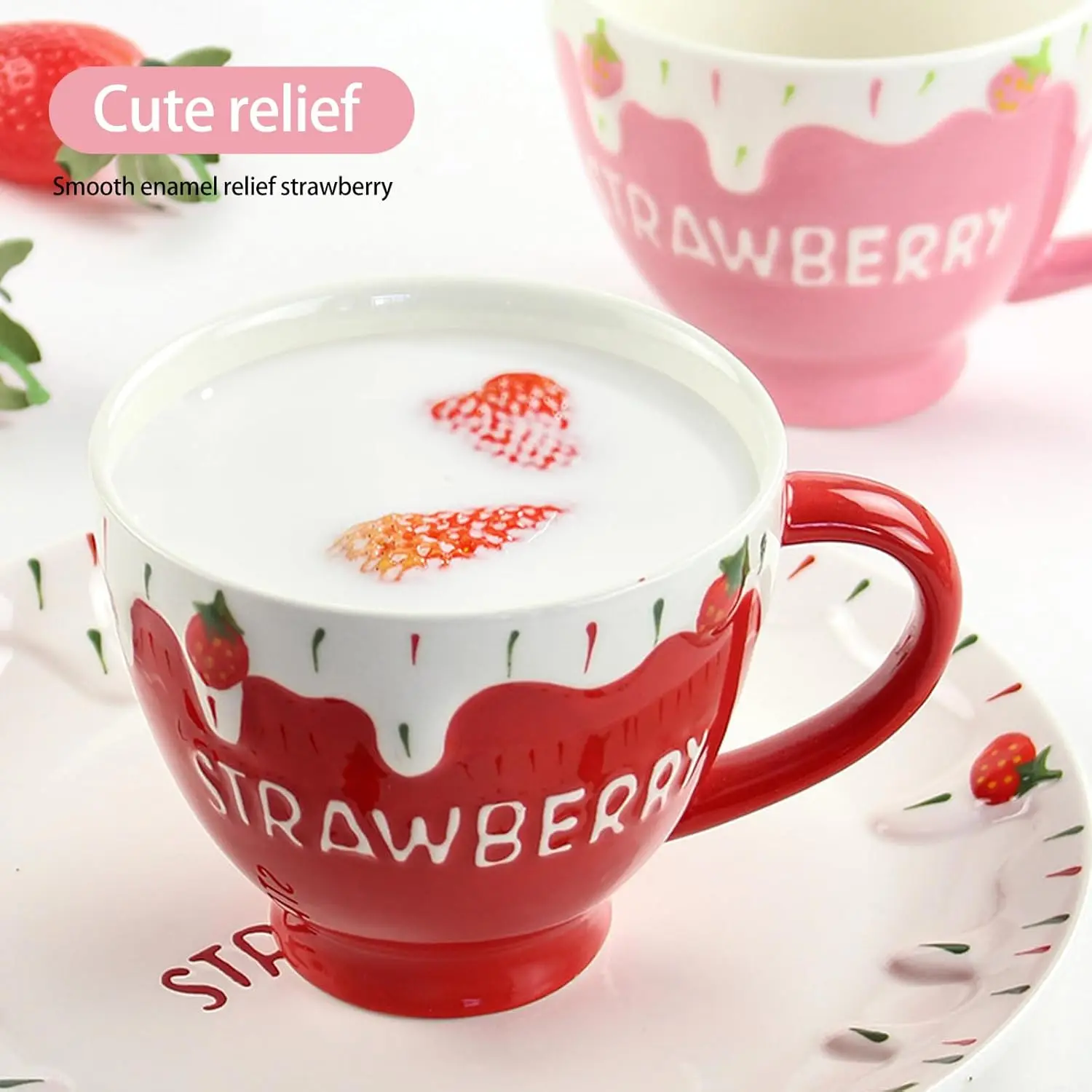 Lovely Strawberry Cup Cute Ceramic Relief Mug With Handle And Spoon Table Decoration Drinking Utensils For 2025 Festival Party