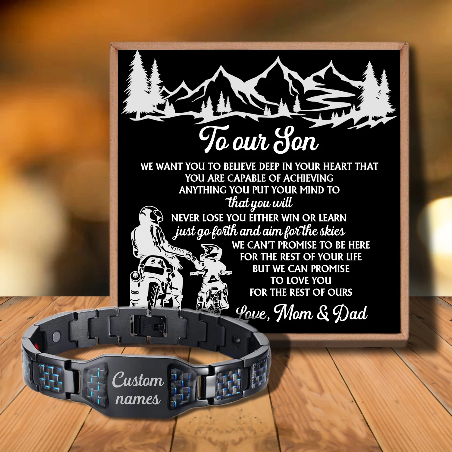 

Sac3044 Our Dear Son Never Forget That We Love from Love Mom Dad Customizable Message Card Bracelet for Birthday Anniversary