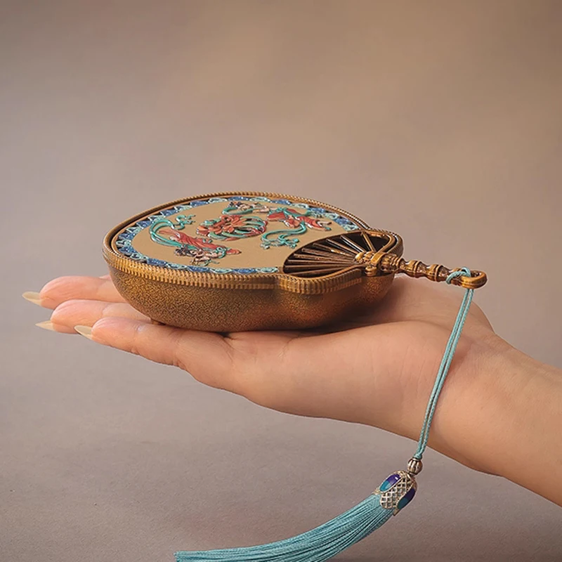 Creative Mini Aromatherapy Furnace, Home Indoor Zen Tea Ceremony Decor, Chinese style Metal Fan Shape, Small Incense Burner, 1Pc