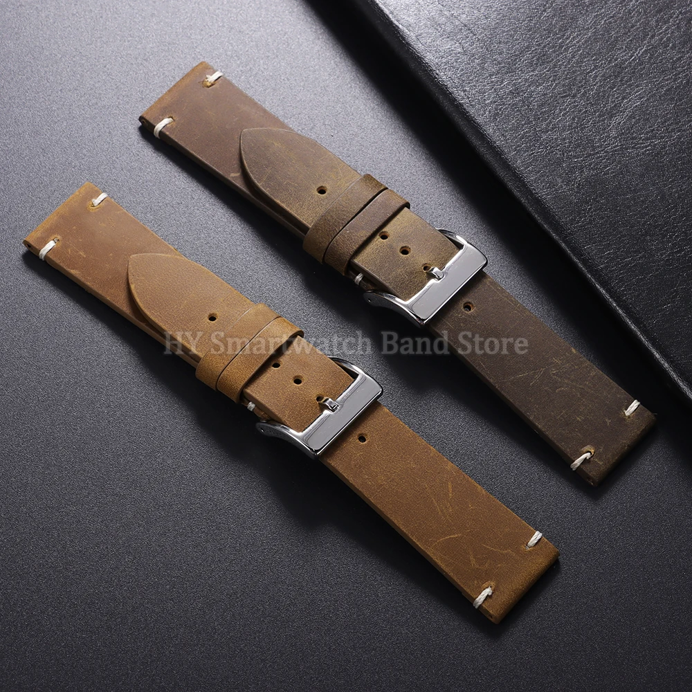 Handcrafted Vintage Oil Wax Leather Watch Band – Premium Cowhide Strap with Handmade Stitching
