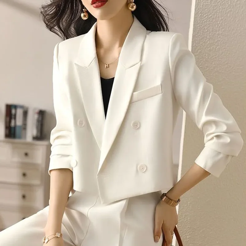 Black Cropped Blazers for Women Korean Fashion Double-Breasted Office Suit Coat Ladies Vintage Long Sleeve Outerwear