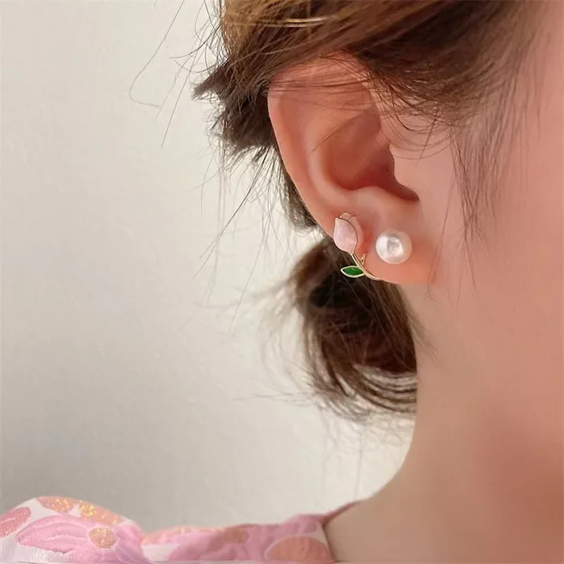 Sweet Fashion Enamel Pearl Tulip Flower Stud Earrings For Women Korean Temperament Zircon Back Hanging Earring Wedding Jewelry
