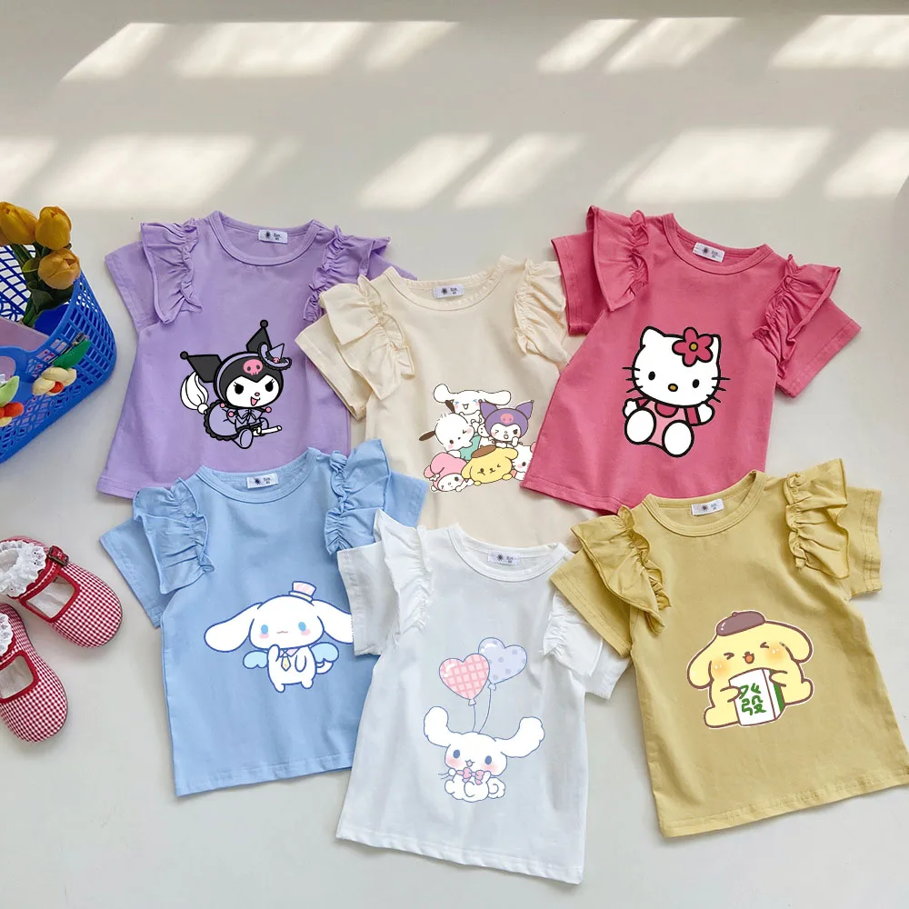 

Sanrios Hello Kittys Girls Fashion Lace Short Sleeves Kuromi Cinnamoroll Kids Cotton T-Shirt Korean Style Princess Style Tops