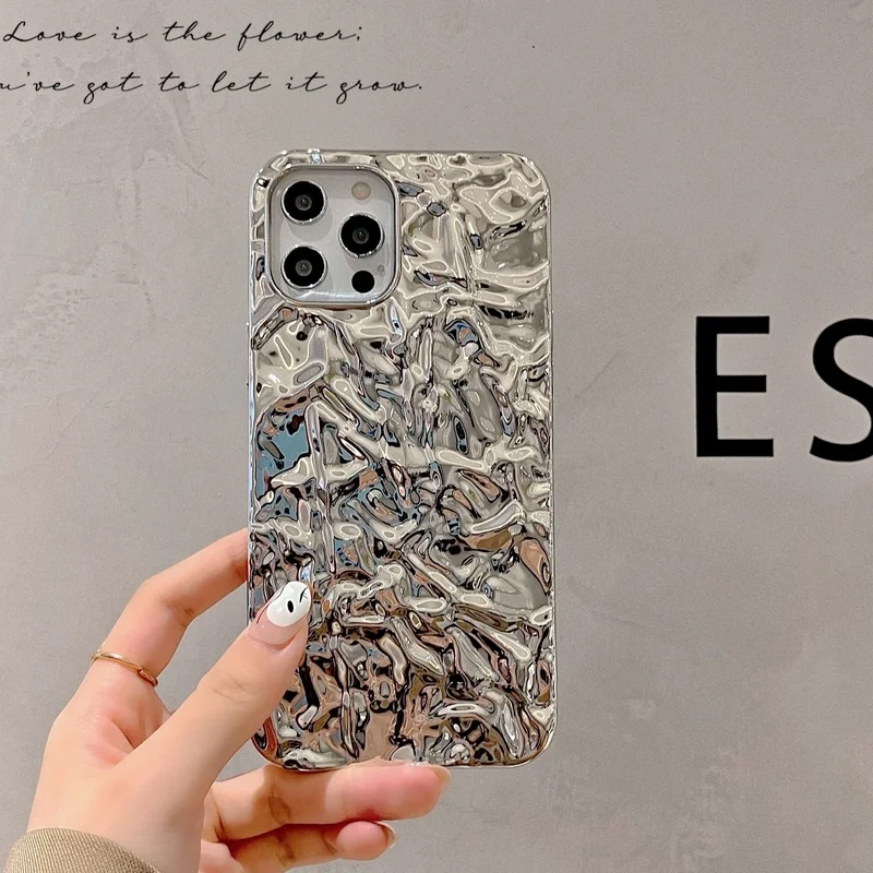 thumbnail image 1 of Funda de teléfono de lujo con pliegues de papel de aluminio plateado para iPhone 13 Pro Max 14 11 12 Pro Max XR XS 16 15promax Plus 14pro, funda de silicona suave, 1 of 5