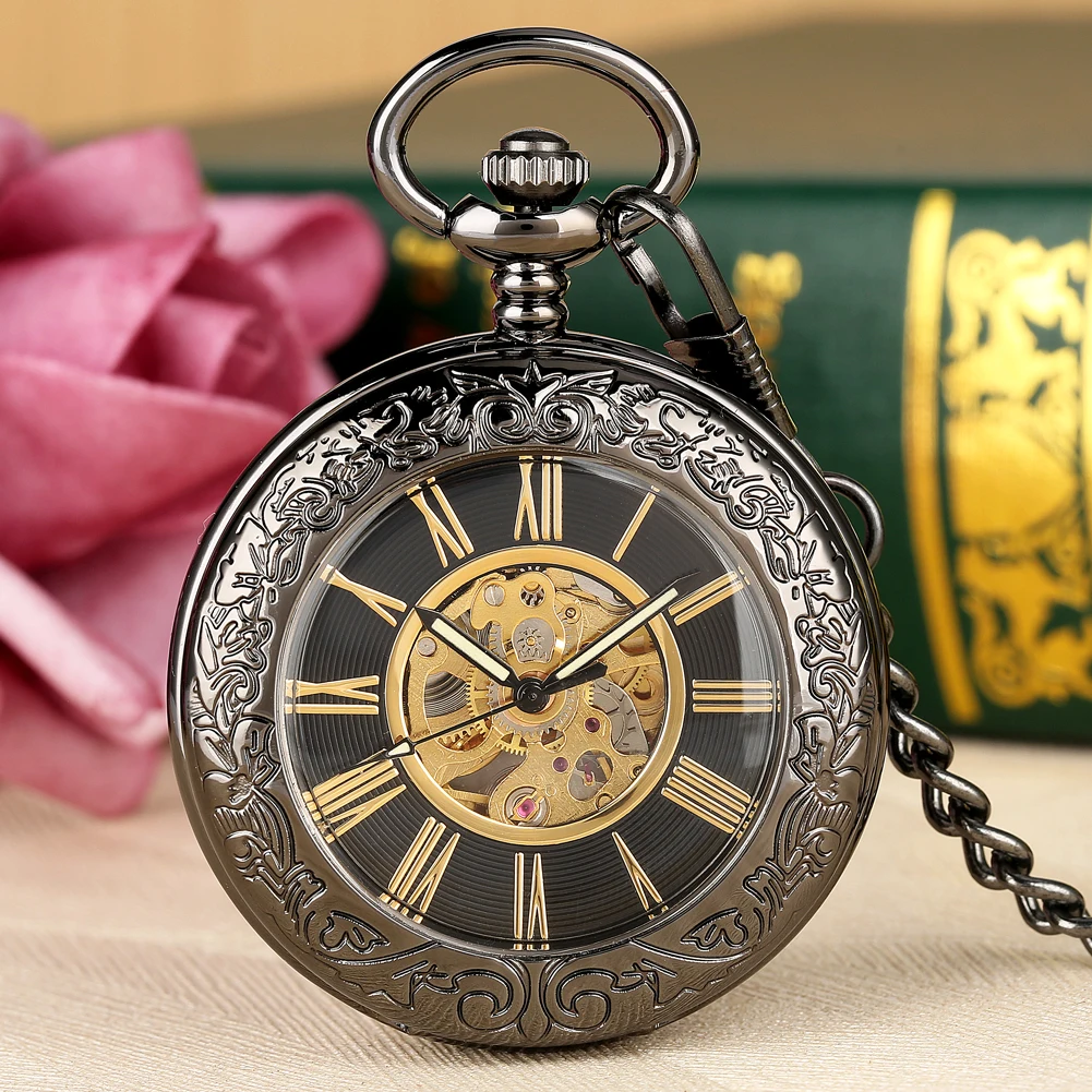 Vintage Black Pattern Glass Case & Golden Roman Number Skeleton Mechanical Pendant Fob Pocket Watch With Chain Christmas Gift