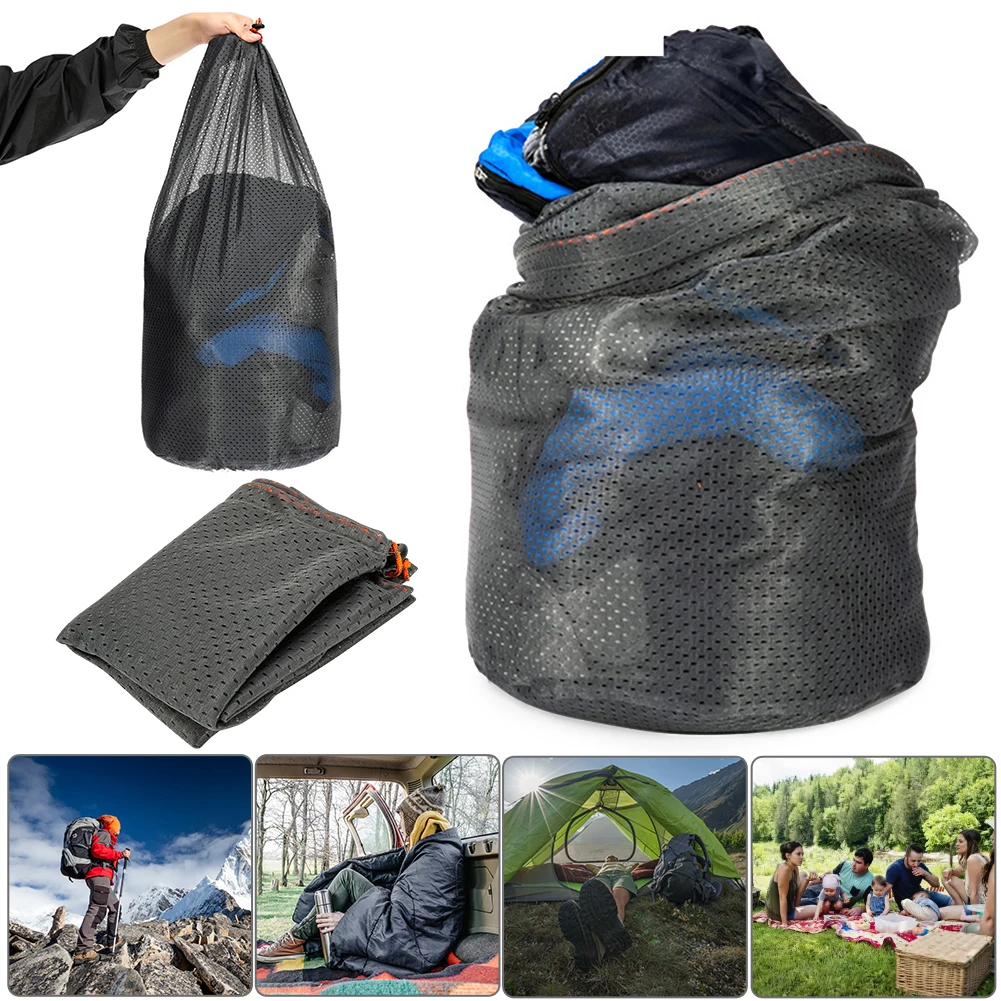 Mesh drawstring storage bag lightweight fill bag large capacity sleeping bag for hiking and camping collapsible mesh closet bag