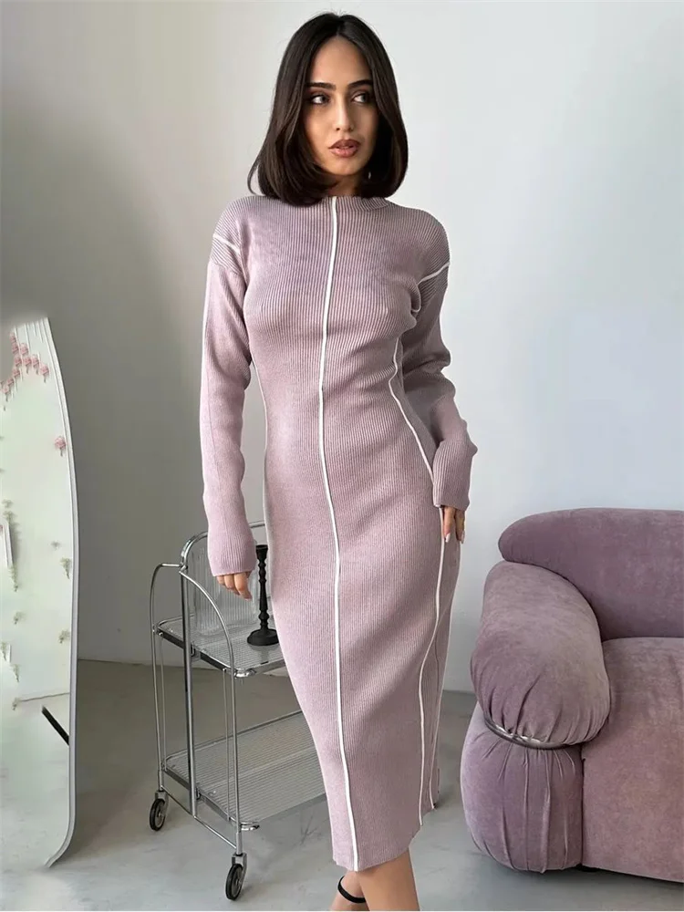 Patchwork Casual Knit Maxi Dress For Women Contrast Ribbed High Waist Slim Elegant Party Dress Female Knitwear Long Dress