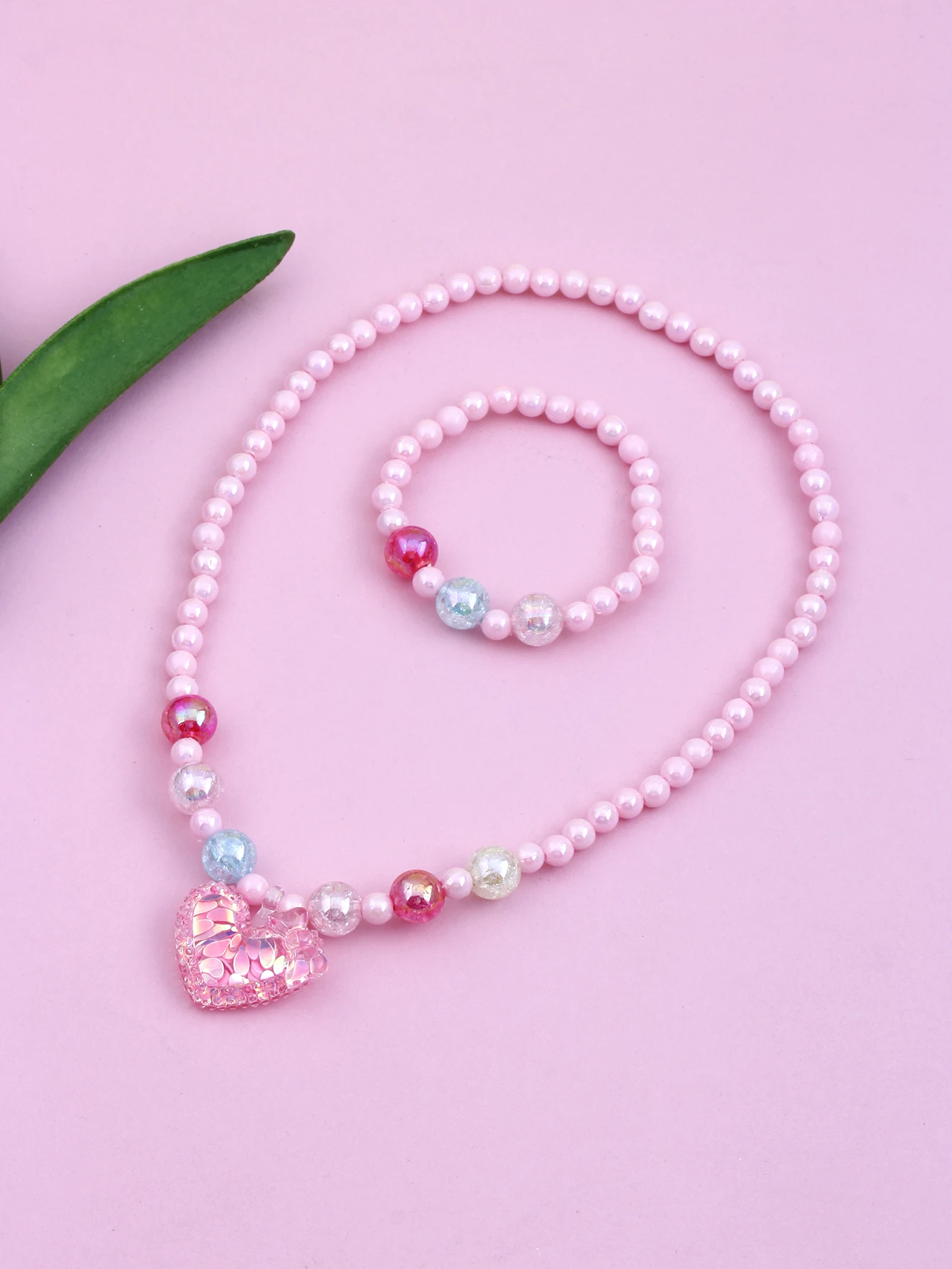 Girls heart beaded necklace and bracelet four seasons daily wear color random 2pcs jewelry sets jewelry set