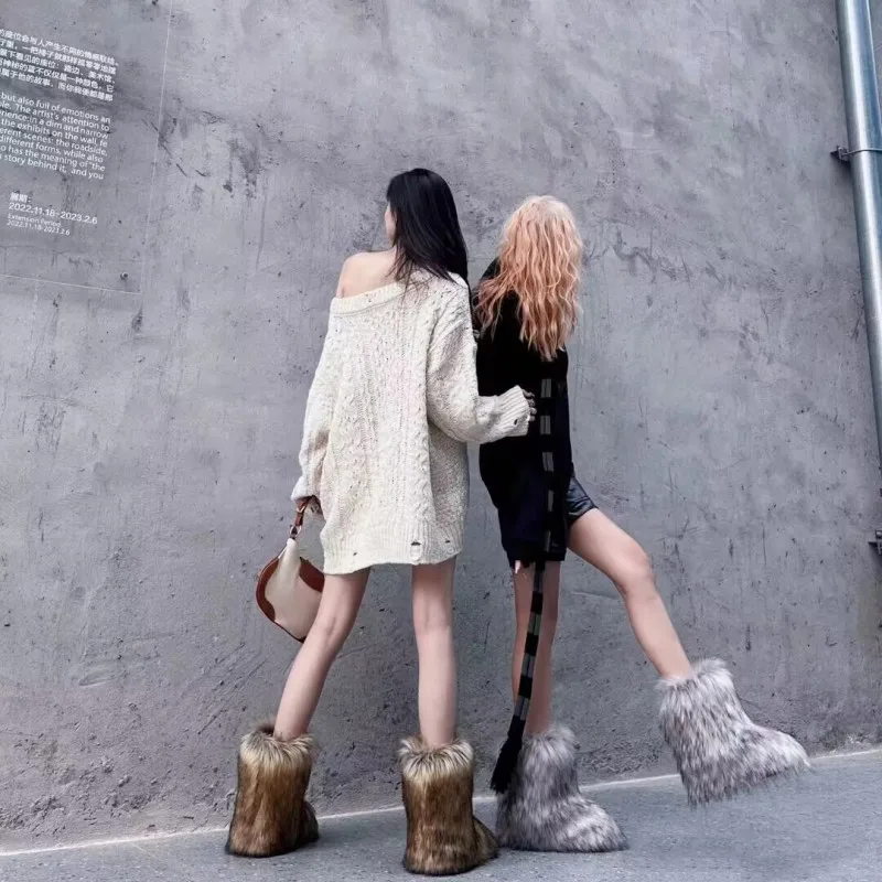 fur boots Women's fox fur plush boots, plush warm snow boots, luxury shoes, girls' plush boots, fashionable winter shoes