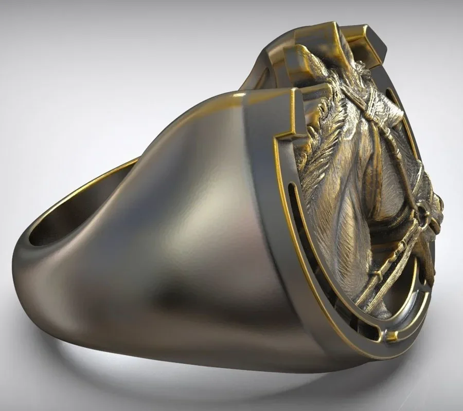 23g 3D Lucky Horseshoe Horse Head Men And Dad Gold Rings  Customized 925 Solid Sterling Silver Rings Many Sizes 7-12
