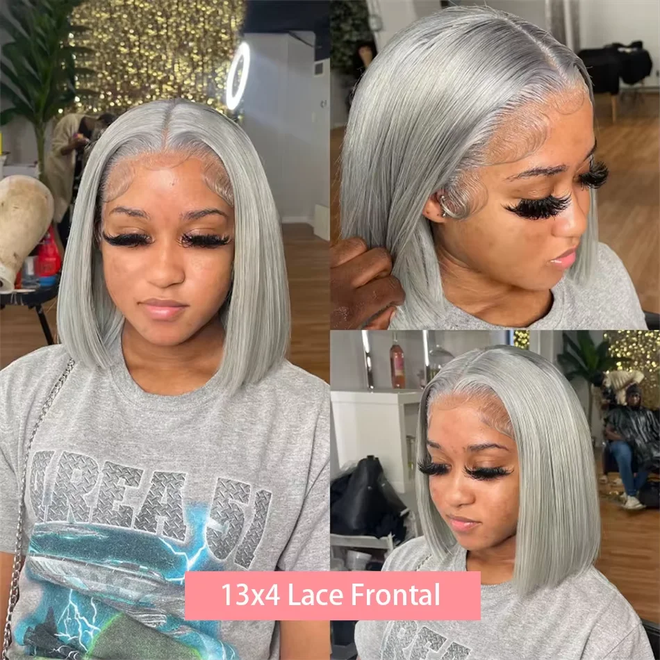 Grey Bob Human Hair Wigs Lace Front Silver Grey 13X4 Lace Frontal Bob Wig Pix Cut Straight Colored Human Hair Wigs 200% Density