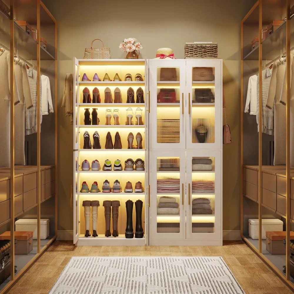 Tall Shoe Storage Cabinet with Acrylic Doors and LED Lights,  Entryway Shoe Organizer Rack with Adjustable Shel 4