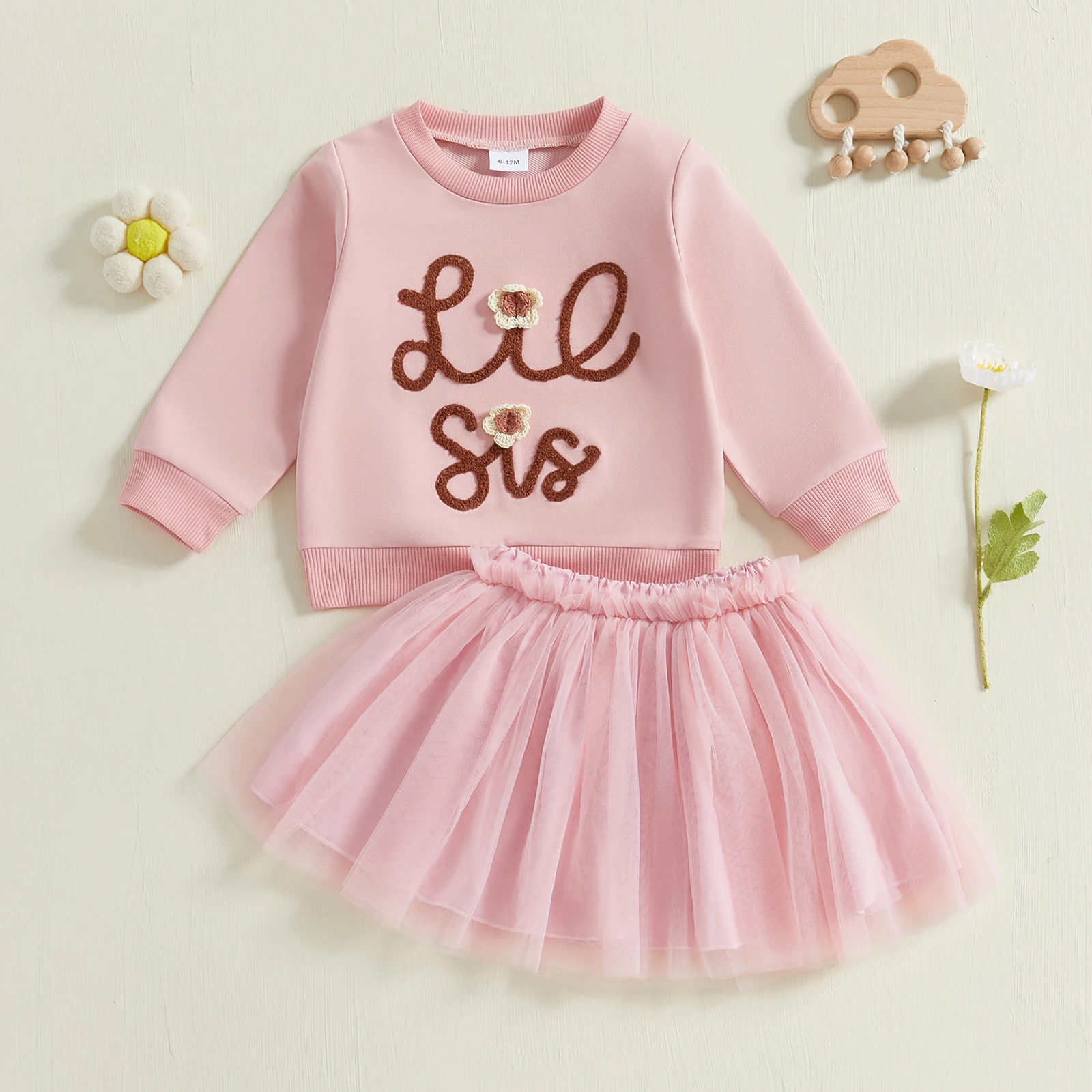 Princess Kids Girls Tulle Skirt Set Outfits Family Sister Matching Outfit Long Sleeve Letter Sweatshirt with Skirt Infant Outfit 2