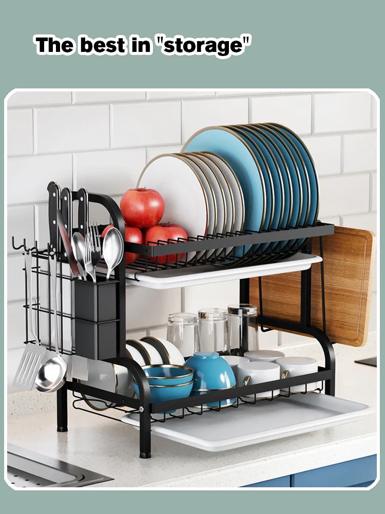 Dish Drying Rack 2-Tier Compact Kitchen Dish Rack Drainboard Set Large Rust-Proof Drainer with Utensil Holder