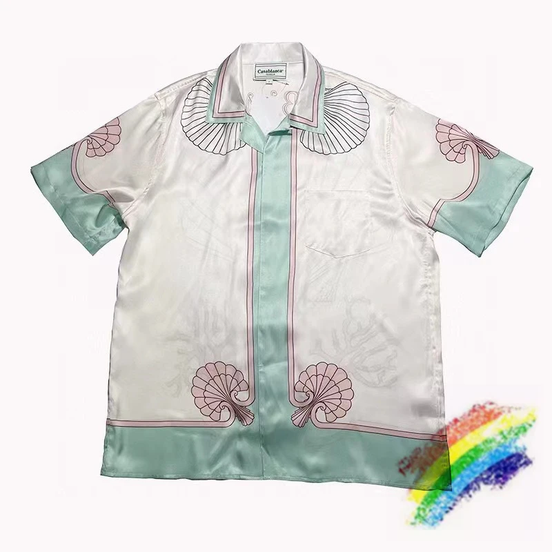 

New CASABLANCA Silk Shirt Men Women 1:1 Top Quality Coral Shell Printing CASABLANCA Tees