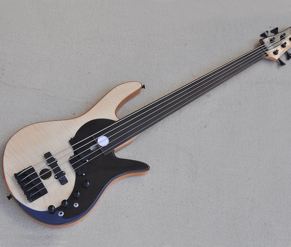 Fretless YinYang 5 Strings Electric Bass with Flame Maple Veneer,Rosewood Fretboard,Can be customized