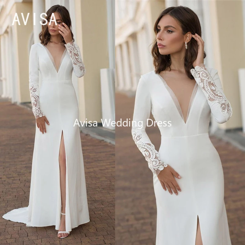 

Sexy V-Neck Mermaid Wedding Dress Long Sleeves Lace Appliques High Split Elegant Backless Bridal Gowns Modern Vestidos De Noiva