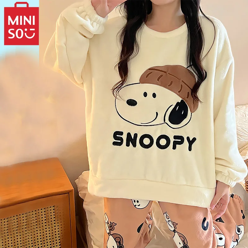 

Miniso Snoopy Kawaii Thickened Flannel Pajamas Ladies 3D Cartoon Coral Velvet Sleepwear Round Neck Nightwear Winter Warm Pyjamas