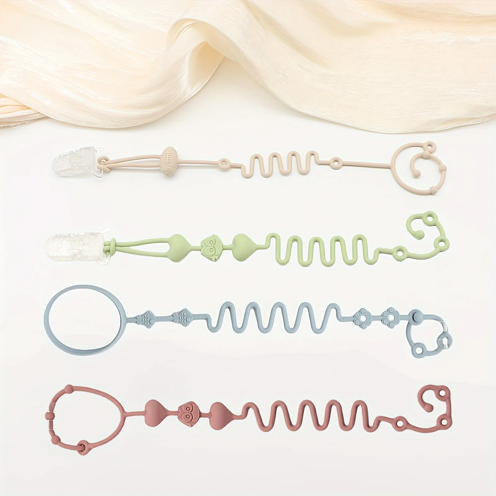 4pcs Adjustable Silicone Pacifier Chain, Teether Toys, Suitable for High Chair, Crib, Baby Gifts,beige
