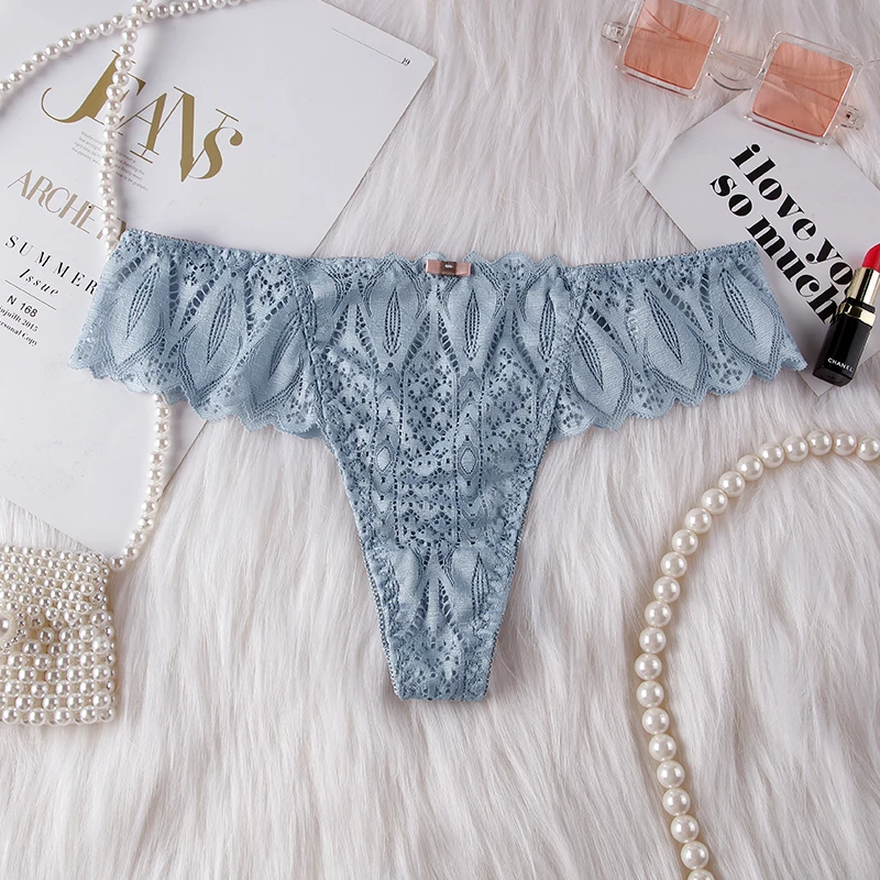 BANNIROU Women's Thongs Underwear Female Intimates T-back G-string Sexy Transparent Lace Low-Rise Panties Lingerie For Woman