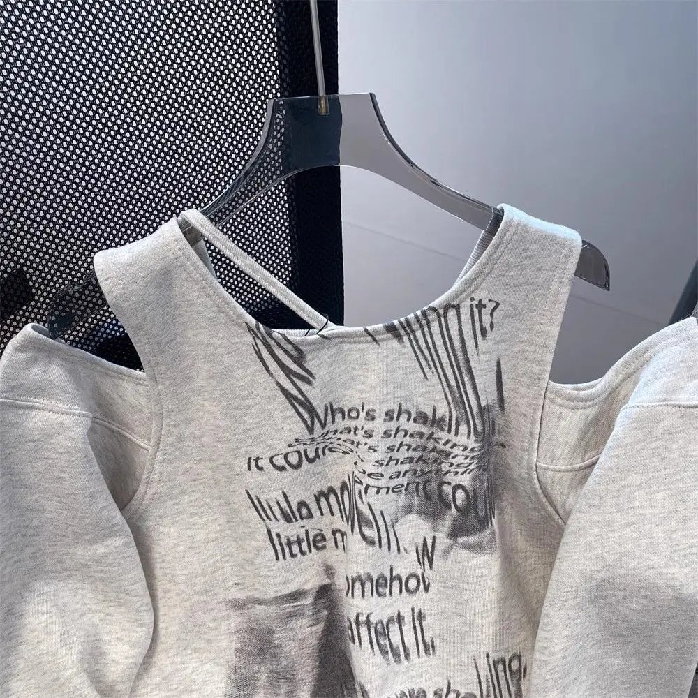 American Letter Print off Shoulder Long sleeve Gray Hoodie Women Spring and Autumn Design Sense Niche Loose Idle Sle Top