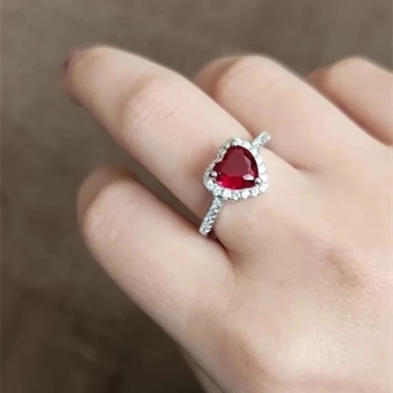 Wedding Rings For Women Silver Color Red Heart Cubic Zirconia