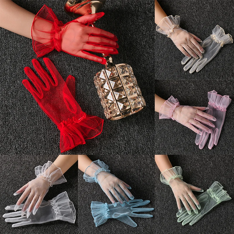 

Elastic Lotus Leaf Mittens Short Tulle Gloves Ultra Thin Stretchy Gloves Transparent Gauze Mittens Soft Solid Color Mittens