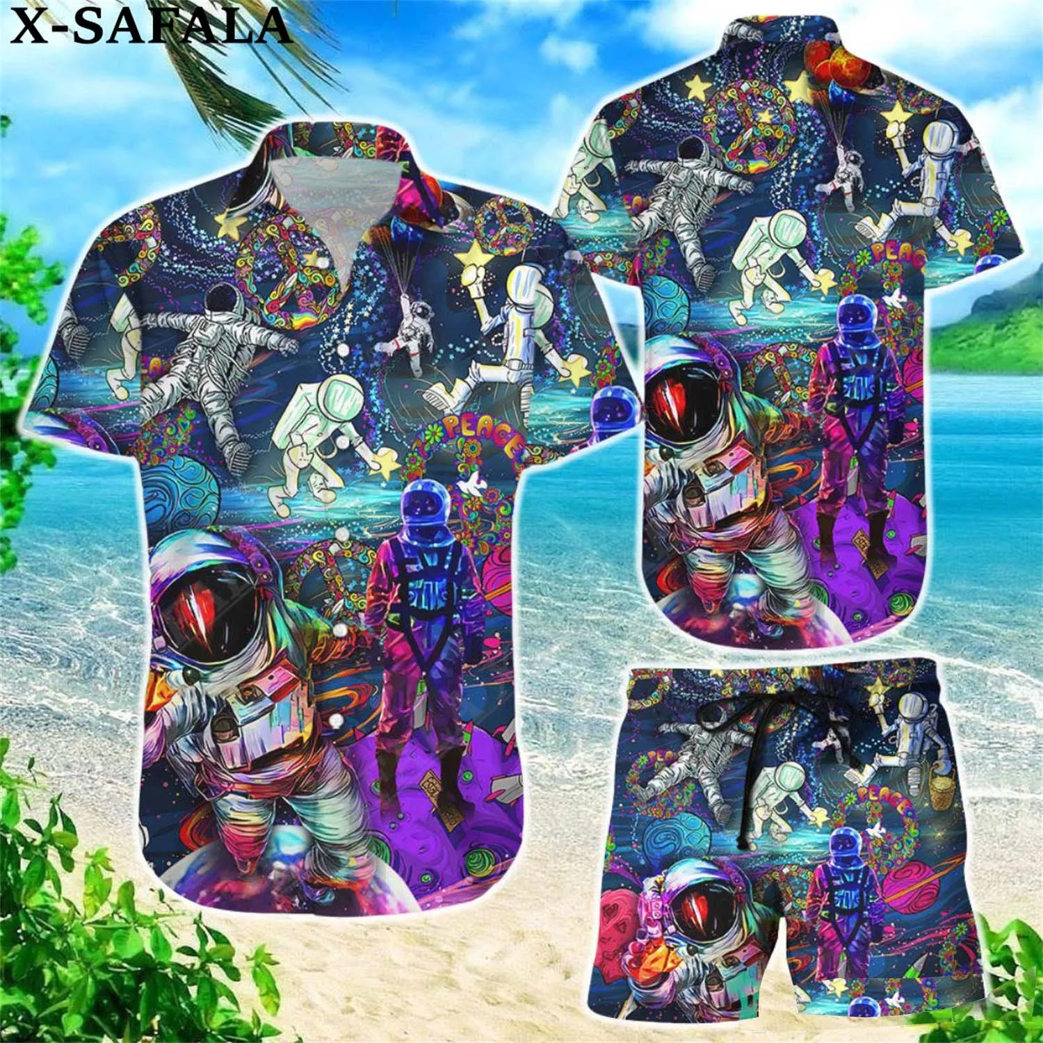 

Astronaut Hippie Galaxy Peace Life 3D Printed Summer Loose Baggy Casual Hawaiian Holiday Shirt Tee Half Pants Man Woman Suit