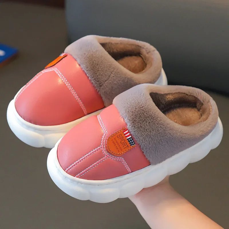 Women's Cotton Slippers Winter Shoes Woman Warm Plush Waterproof Leather Slippers Little Girls Boys Soft Sole Home Shoes