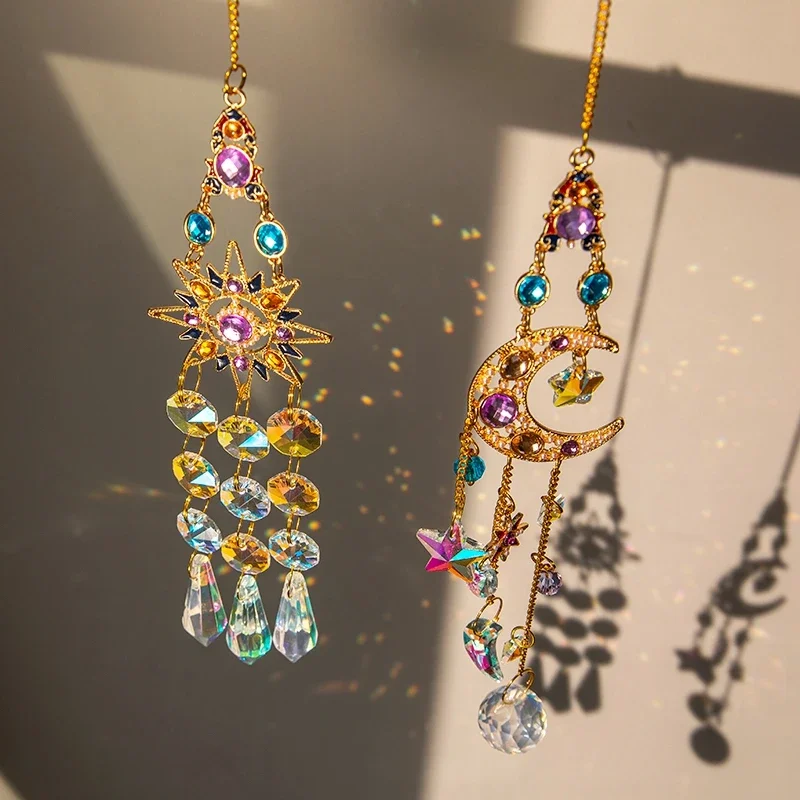 Sun catcher Suncatcher Crystal Pendant Window Prisms Rainbow Vintage Wind Chimes Sun Moon Hanging Light Catcher Home Garden Craft Decoration