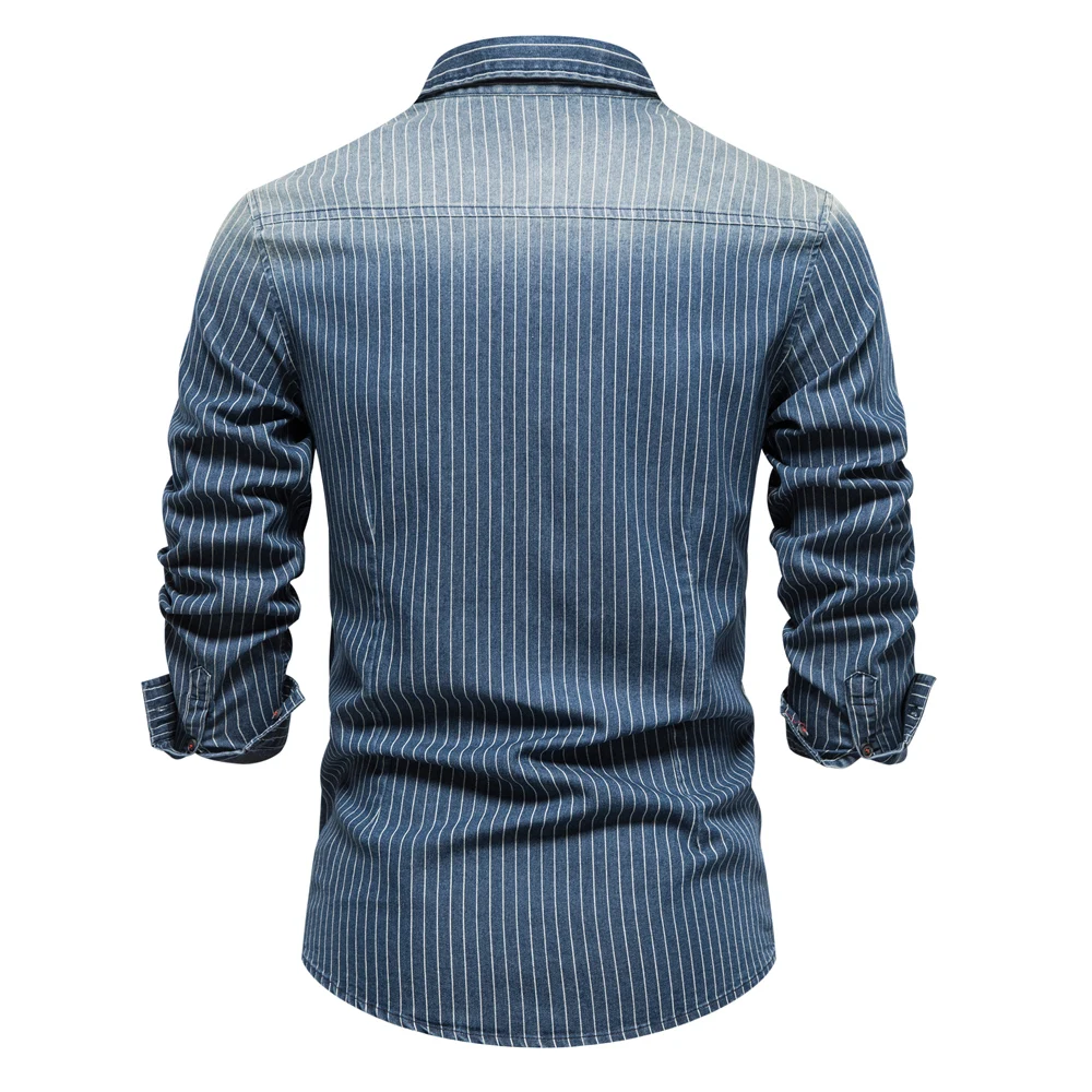 Men Denim Shirts Striped Stretch Long Sleeve Casual Slim Cowboy AIOPESON denim shirt long sleeved shirt