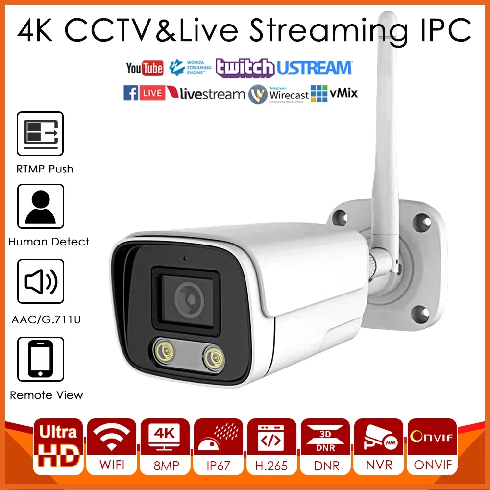 4K 8MP IMX415 Wireless WiFi IP Camera IR Dual Light Live Streaming Push Video To YouTube/Facebook/Vimeo/Twitter Via RTMP Onvif